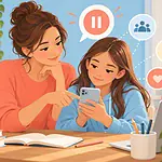A parent and child review a trail of online sharing choices together