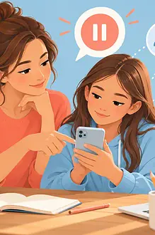 A parent and child review a trail of online sharing choices together