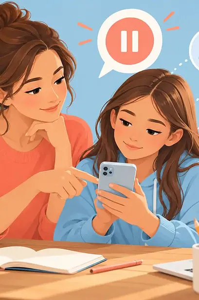 A parent and child review a trail of online sharing choices together