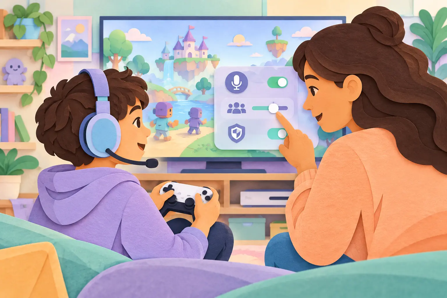 A child and caregiver set safer multiplayer gaming chat boundaries