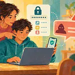 A caregiver and child secure an online account against suspicious messages