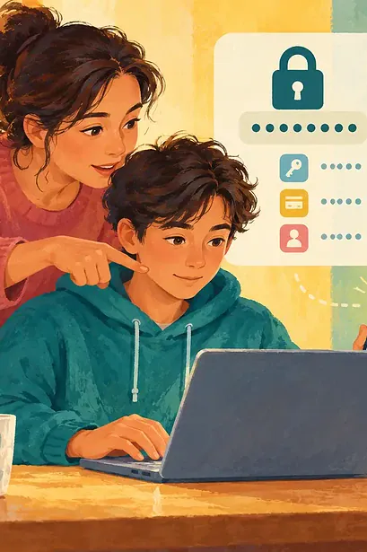 A caregiver and child secure an online account against suspicious messages