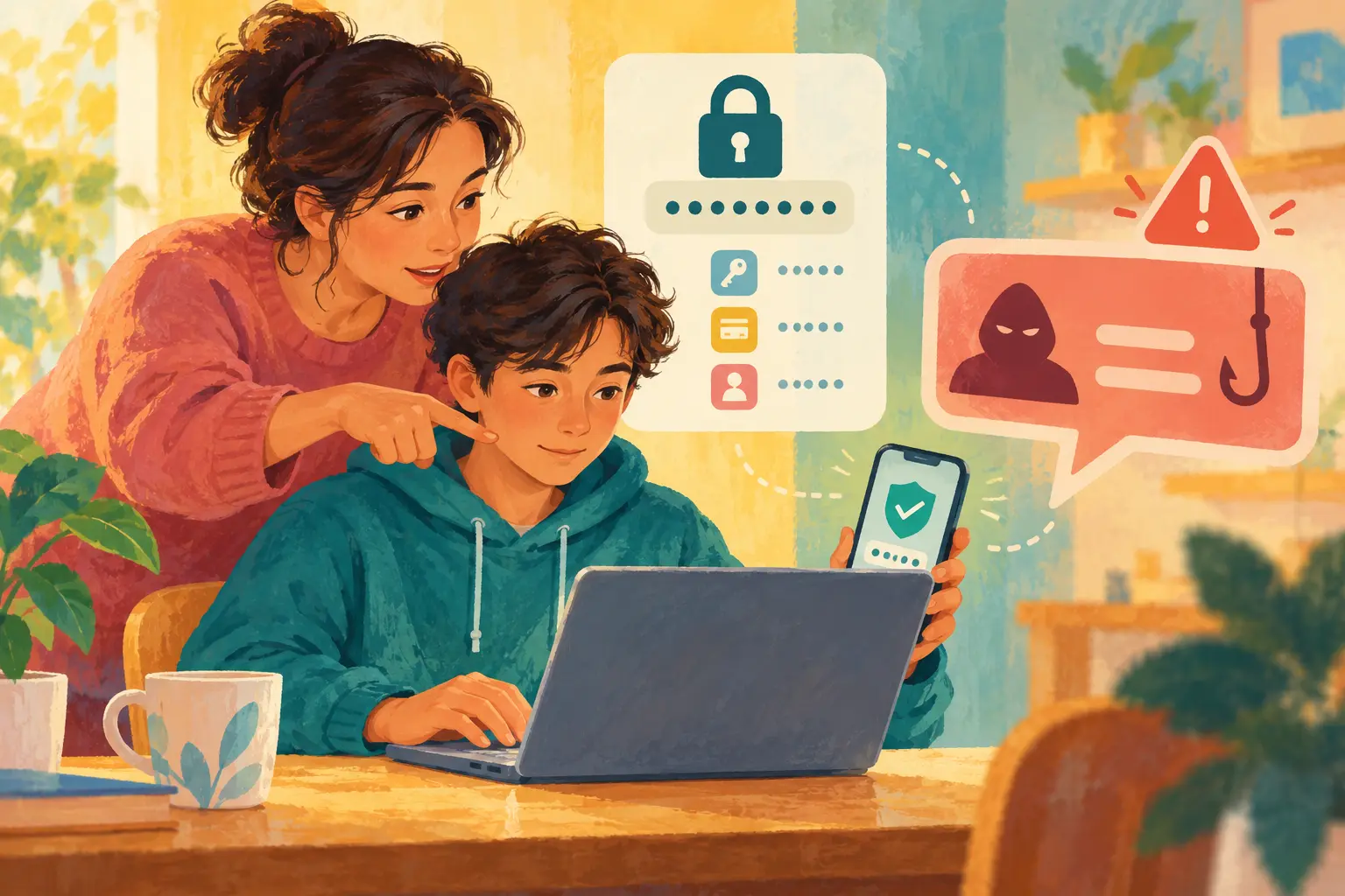 A caregiver and child secure an online account against suspicious messages