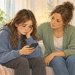 A trusted adult calmly supports a teenager facing online image pressure