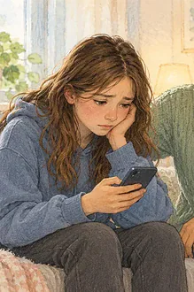 A trusted adult calmly supports a teenager facing online image pressure