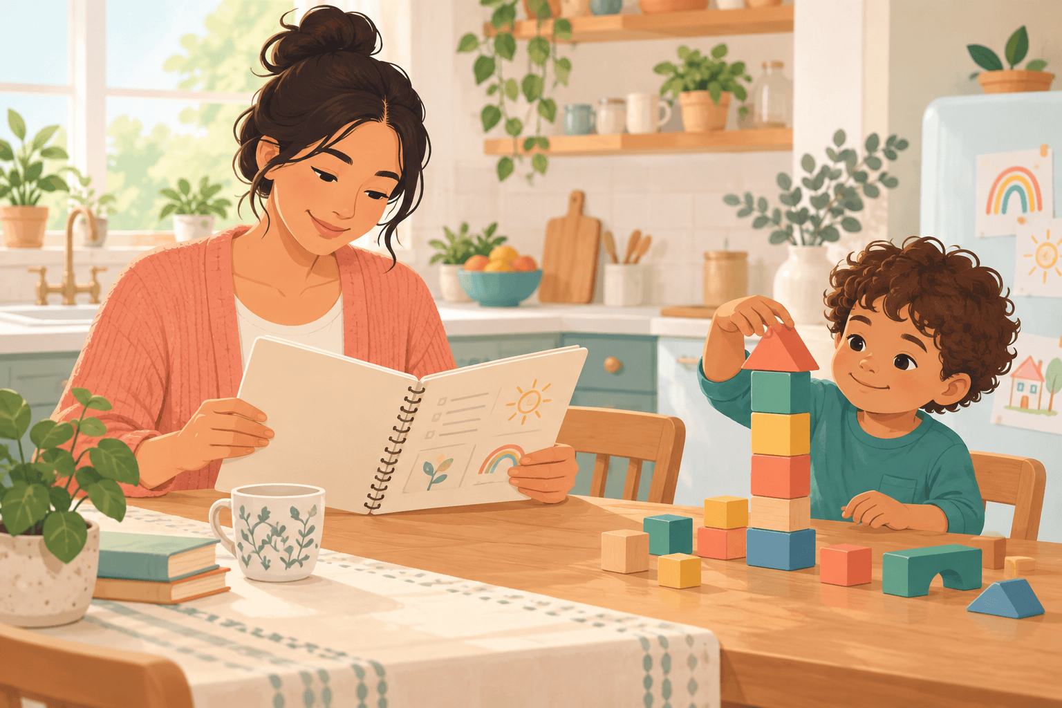 A caregiver reviews a milestone notebook while a child builds a colourful block tower