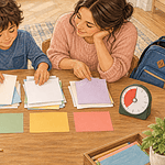 A school-age child and caregiver sort a messy task into three simple coloured groups