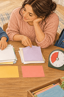 A school-age child and caregiver sort a messy task into three simple coloured groups