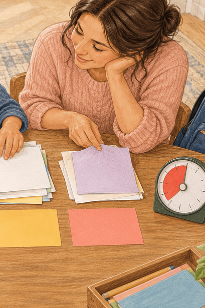 A school-age child and caregiver sort a messy task into three simple coloured groups