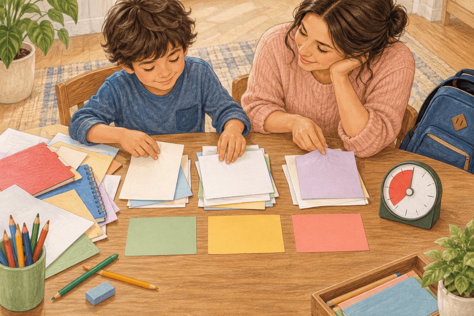 A school-age child and caregiver sort a messy task into three simple coloured groups