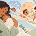 A caregiver cuddles a baby beside a gentle sequence showing early growth and movement