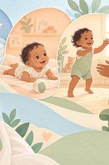A caregiver cuddles a baby beside a gentle sequence showing early growth and movement