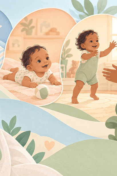 A caregiver cuddles a baby beside a gentle sequence showing early growth and movement