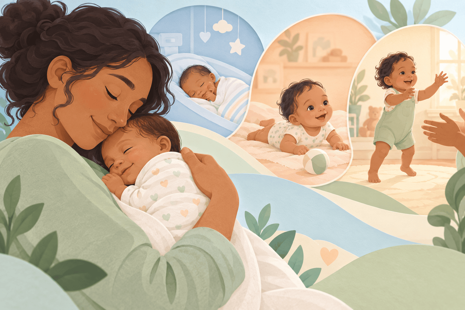 A caregiver cuddles a baby beside a gentle sequence showing early growth and movement