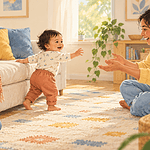 A toddler cruises along a sofa toward an encouraging caregiver in a safe living room