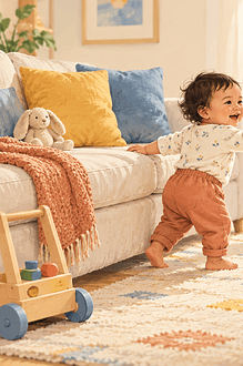 A toddler cruises along a sofa toward an encouraging caregiver in a safe living room