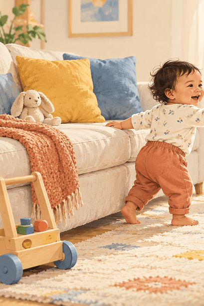 A toddler cruises along a sofa toward an encouraging caregiver in a safe living room