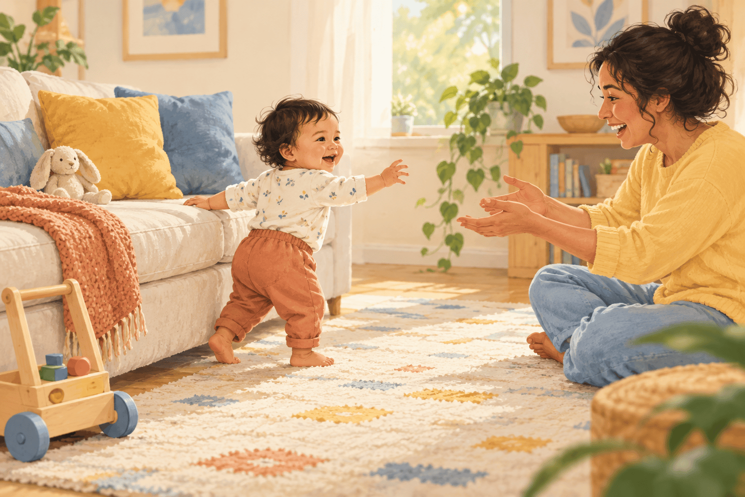 A toddler cruises along a sofa toward an encouraging caregiver in a safe living room