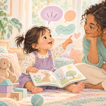 A toddler points while sharing a picture book with an attentive caregiver