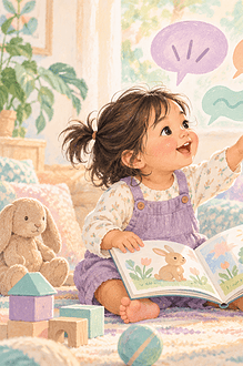 A toddler points while sharing a picture book with an attentive caregiver