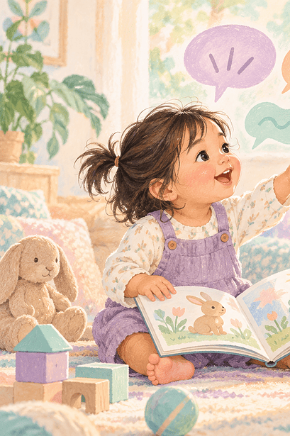 A toddler points while sharing a picture book with an attentive caregiver