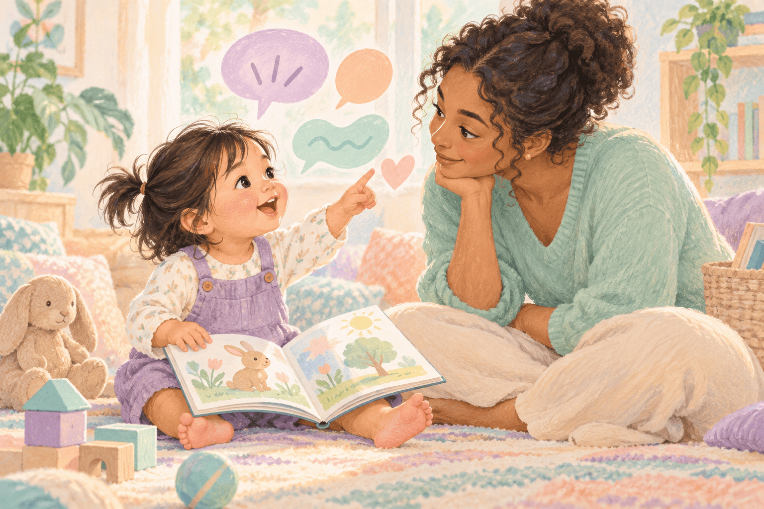 A toddler points while sharing a picture book with an attentive caregiver