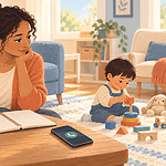 A caregiver writes observations beside a playing child with a phone ready for a clinical call