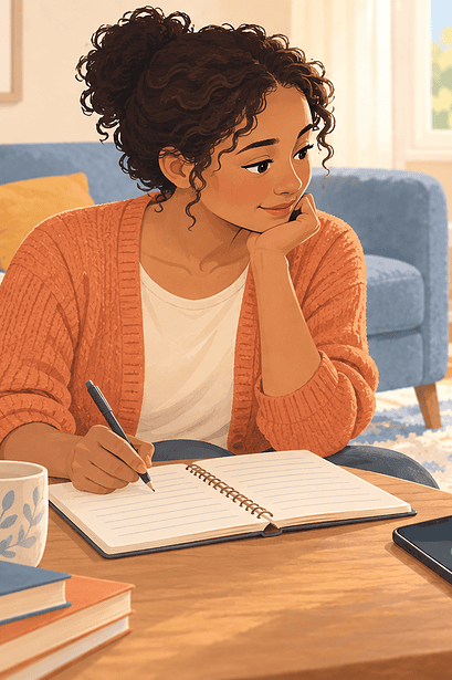 A caregiver writes observations beside a playing child with a phone ready for a clinical call