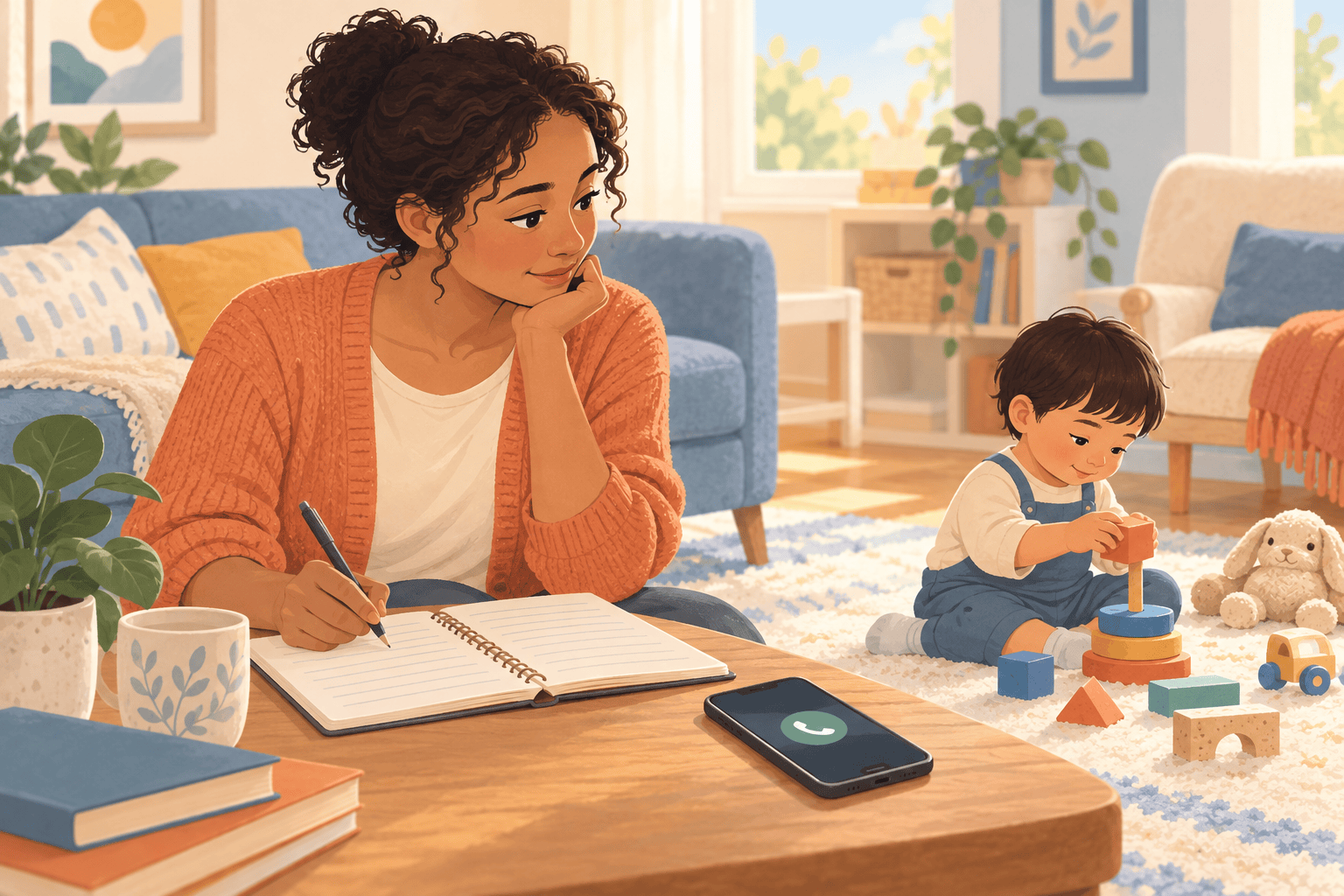 A caregiver writes observations beside a playing child with a phone ready for a clinical call