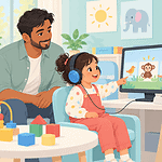 A child takes part in a friendly play-based hearing assessment while a parent watches
