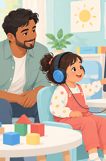 A child takes part in a friendly play-based hearing assessment while a parent watches