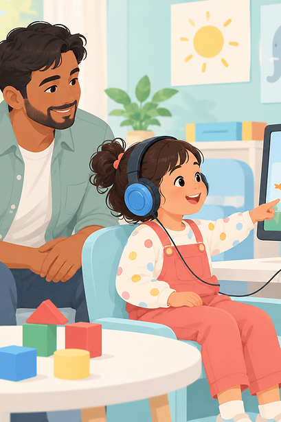 A child takes part in a friendly play-based hearing assessment while a parent watches
