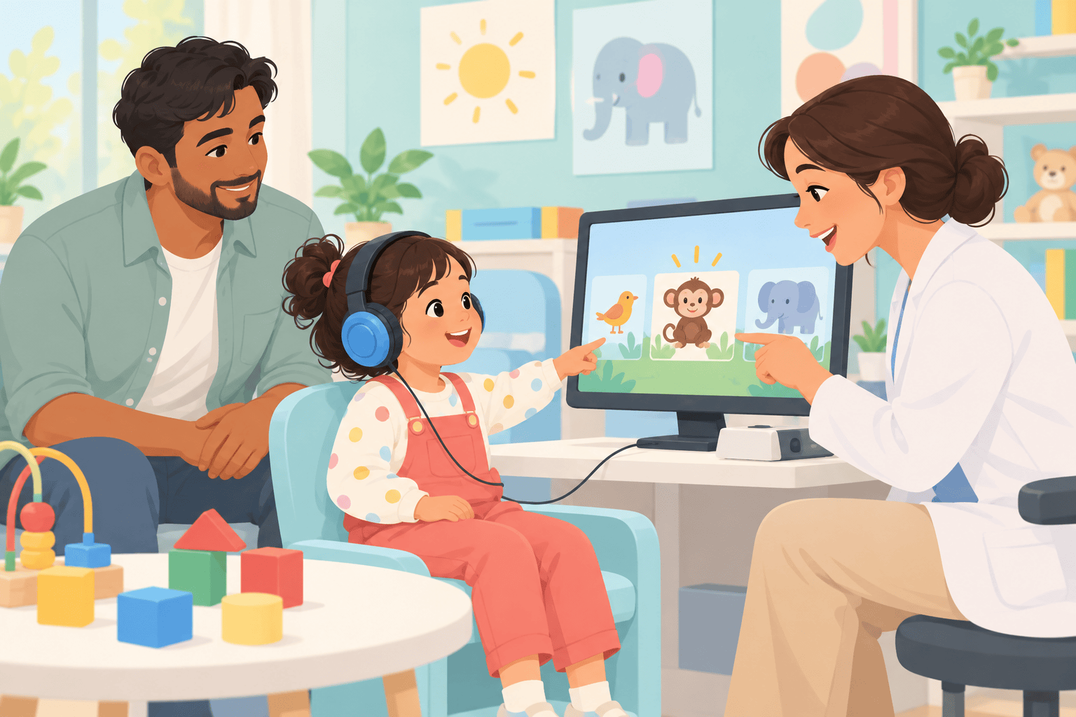 A child takes part in a friendly play-based hearing assessment while a parent watches