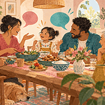 A multilingual family talks together at dinner using warm colourful speech shapes