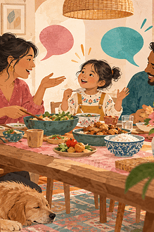 A multilingual family talks together at dinner using warm colourful speech shapes