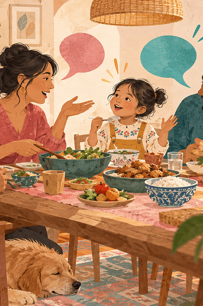 A multilingual family talks together at dinner using warm colourful speech shapes