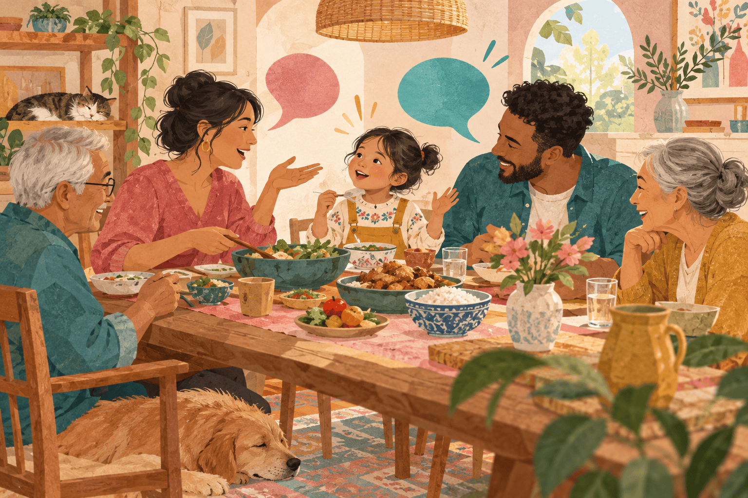 A multilingual family talks together at dinner using warm colourful speech shapes