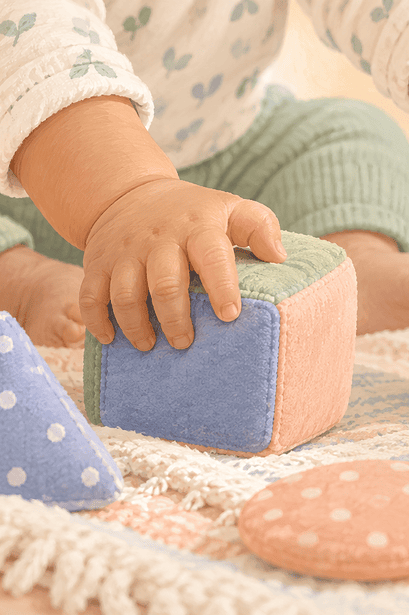 A baby explores soft cubes and stacking cups with both hands