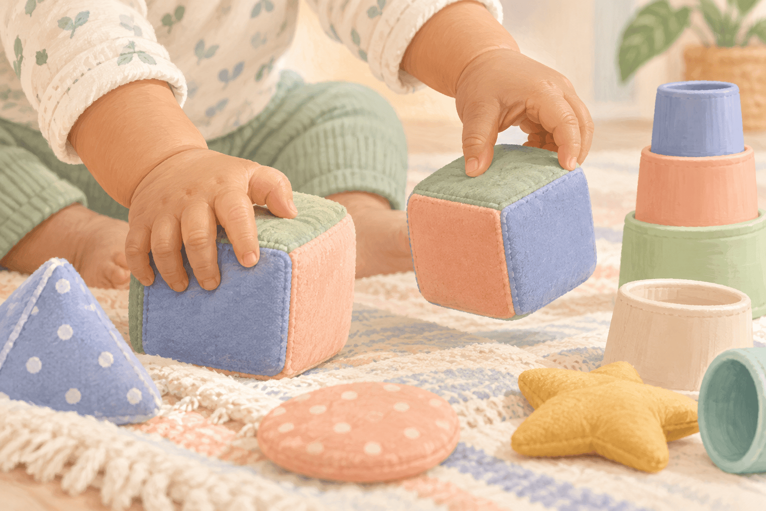 A baby explores soft cubes and stacking cups with both hands