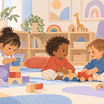 Three toddlers play side by side and briefly share a wooden train while a caregiver watches