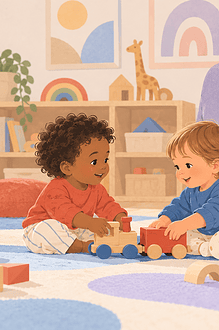 Three toddlers play side by side and briefly share a wooden train while a caregiver watches