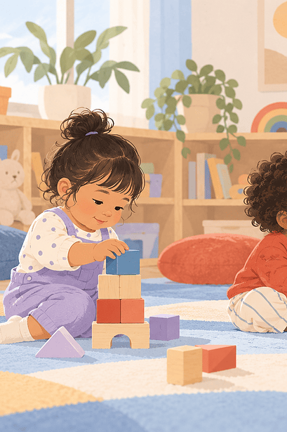 Three toddlers play side by side and briefly share a wooden train while a caregiver watches