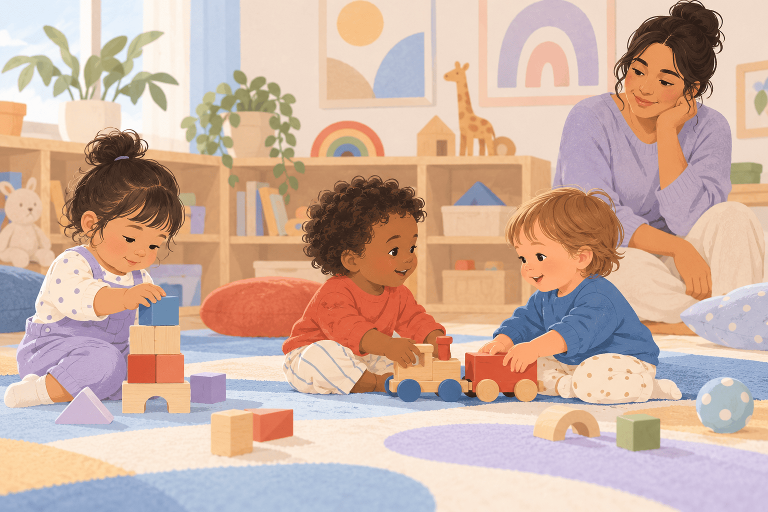 Three toddlers play side by side and briefly share a wooden train while a caregiver watches