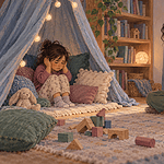 A caregiver sitting nearby while an overwhelmed child rests in a quiet reading nook