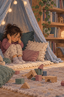 A caregiver sitting nearby while an overwhelmed child rests in a quiet reading nook