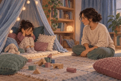 A caregiver sitting nearby while an overwhelmed child rests in a quiet reading nook