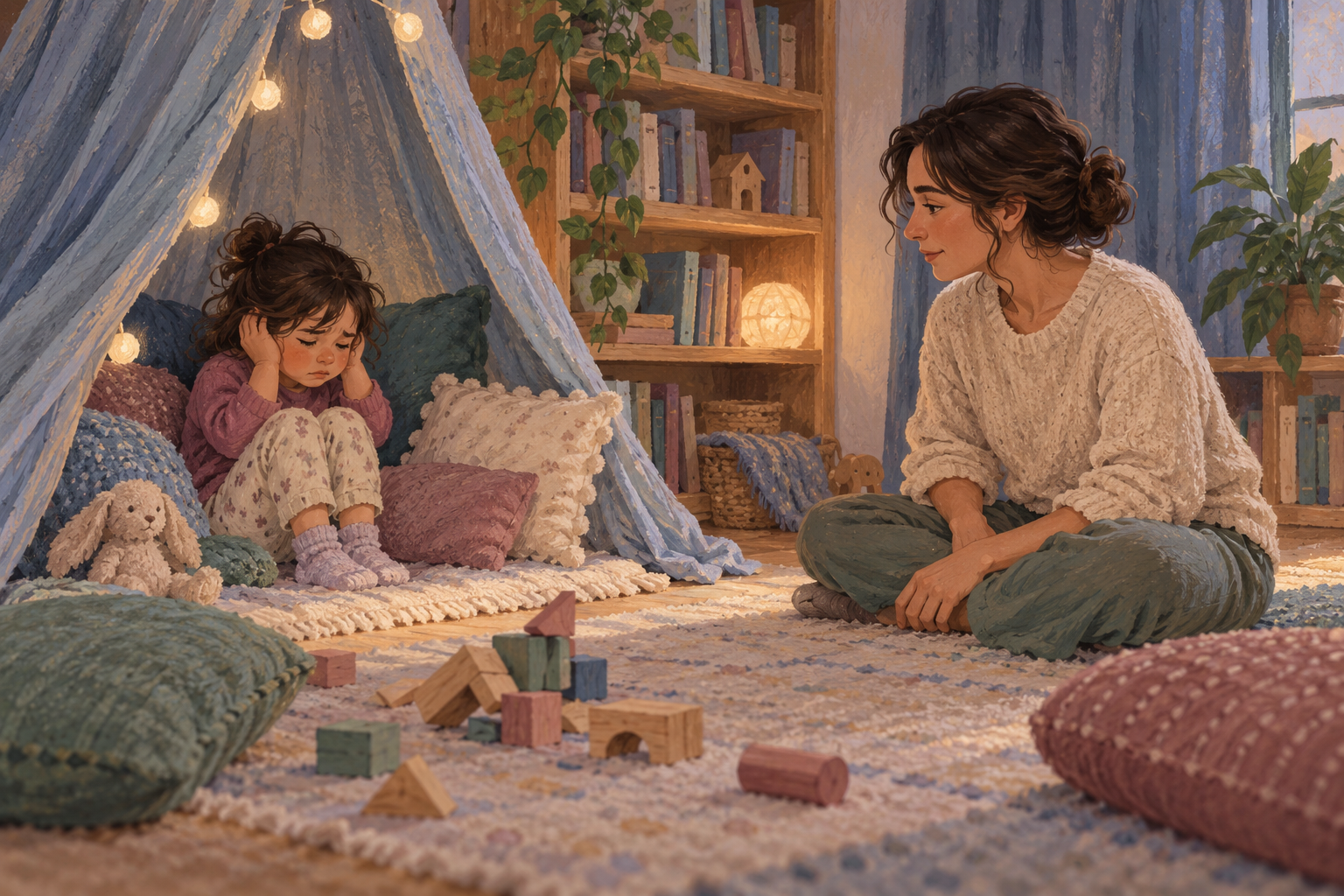A caregiver sitting nearby while an overwhelmed child rests in a quiet reading nook