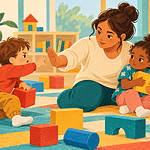 A caregiver calmly blocking a toddler from hitting another child during play