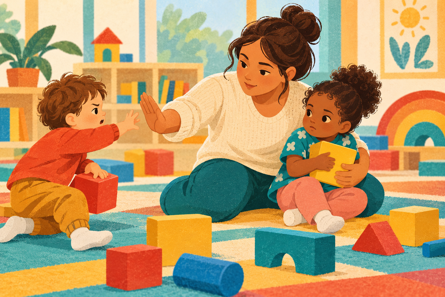 A caregiver calmly blocking a toddler from hitting another child during play