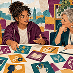 Teen comparing school subject options with a caregiver and career adviser